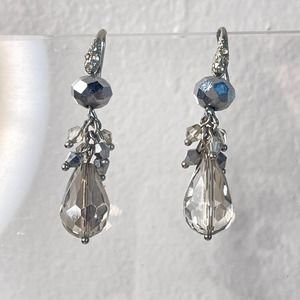 Crystal Rhinestone Dangle Teardrop Earrings Silvery Faceted Beads Metal Pierced